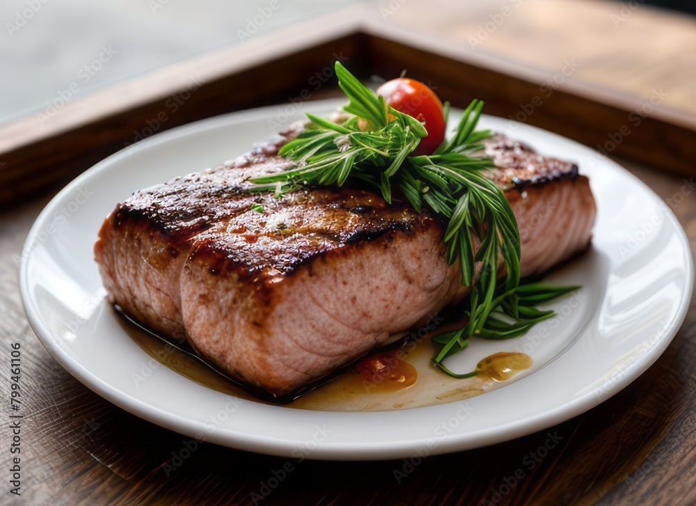 a delicious salmon steak with rosemary and tomatoes and a cozy atmosphere a delicious salmon steak with rosemary and tomatoes and a cozy atmosphere