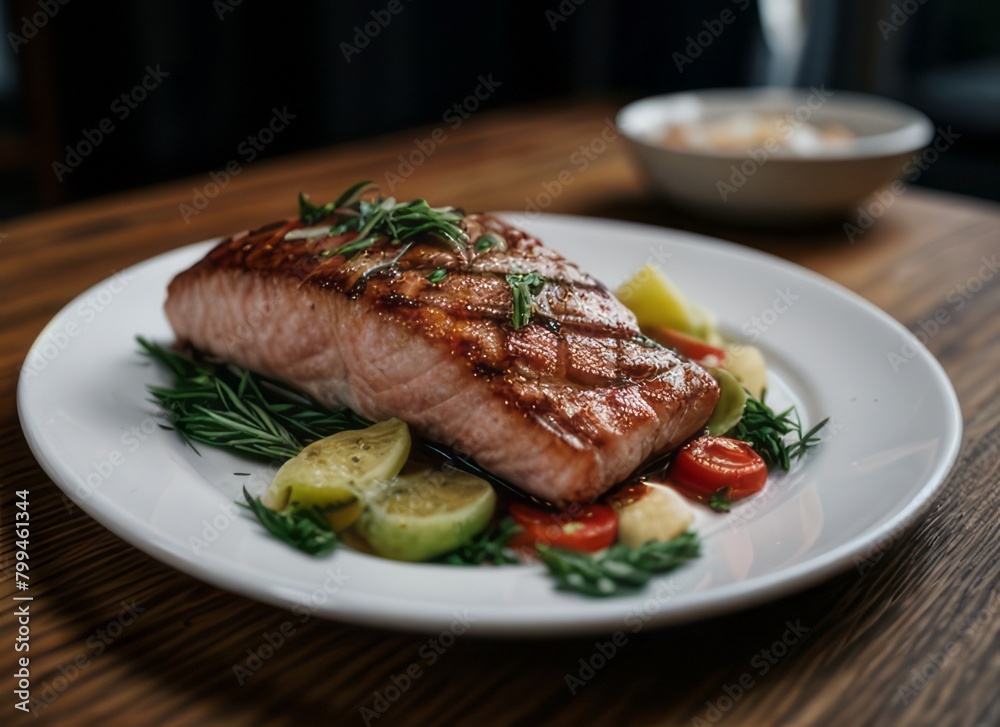 a delicious salmon steak with rosemary and tomatoes and a cozy atmosphere a delicious salmon steak with rosemary and tomatoes and a cozy atmosphere