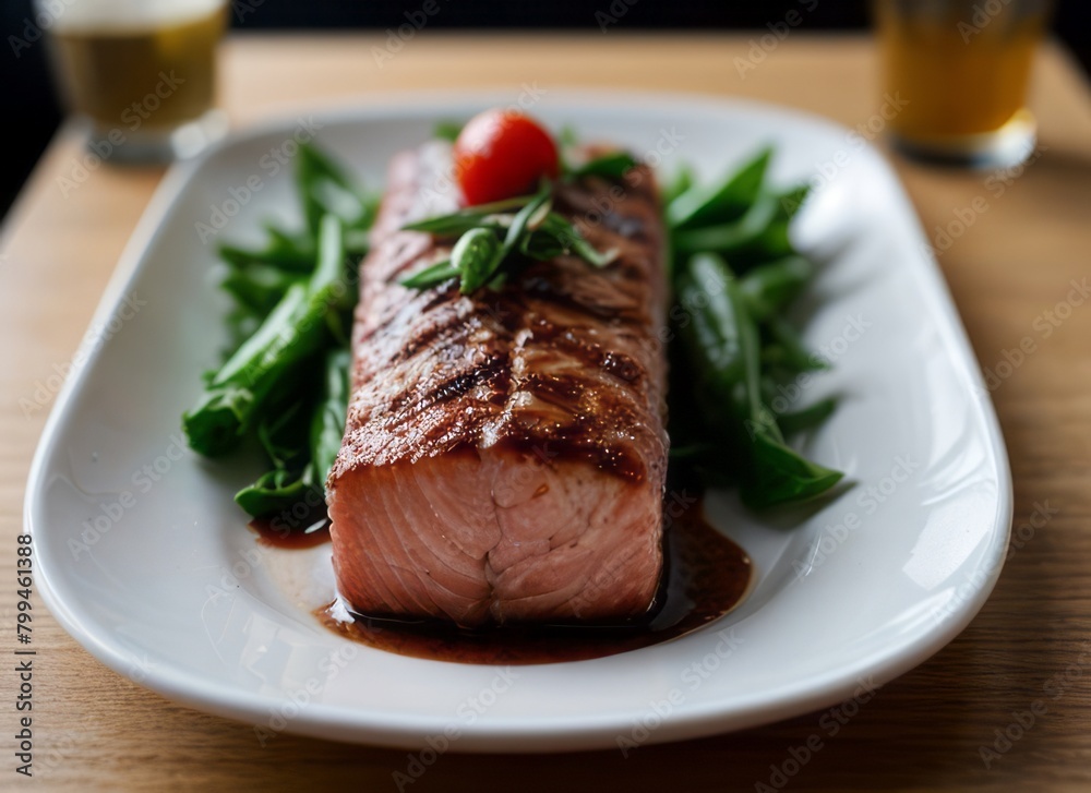 a delicious salmon steak with rosemary and tomatoes and a cozy atmosphere a delicious salmon steak with rosemary and tomatoes and a cozy atmosphere