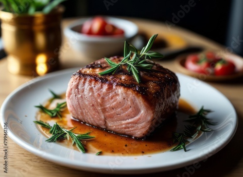 a delicious salmon steak with rosemary and tomatoes and a cozy atmosphere