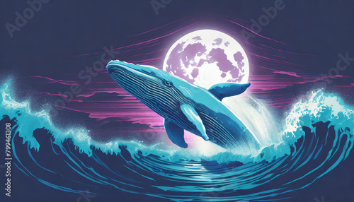 illustration of a whale jumping out of the water between waves in the sea with the moon in the background