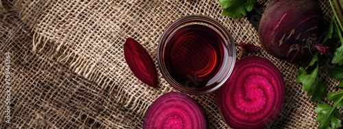 essential oil of red beet on the background of burlap top view photo