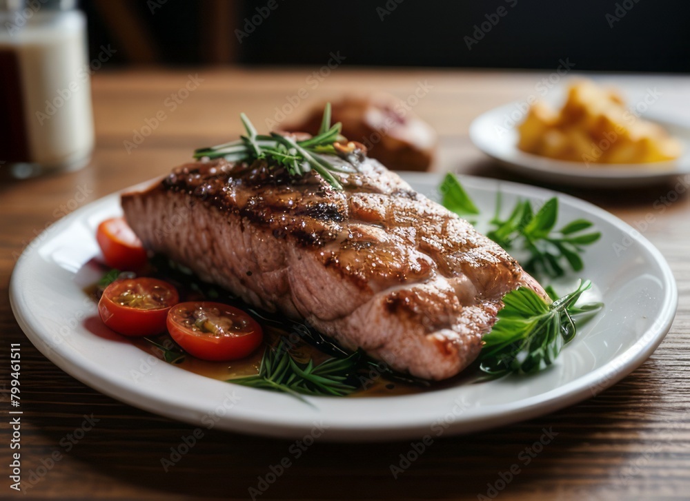 a delicious salmon steak with rosemary and tomatoes and a cozy atmosphere a delicious salmon steak with rosemary and tomatoes and a cozy atmosphere