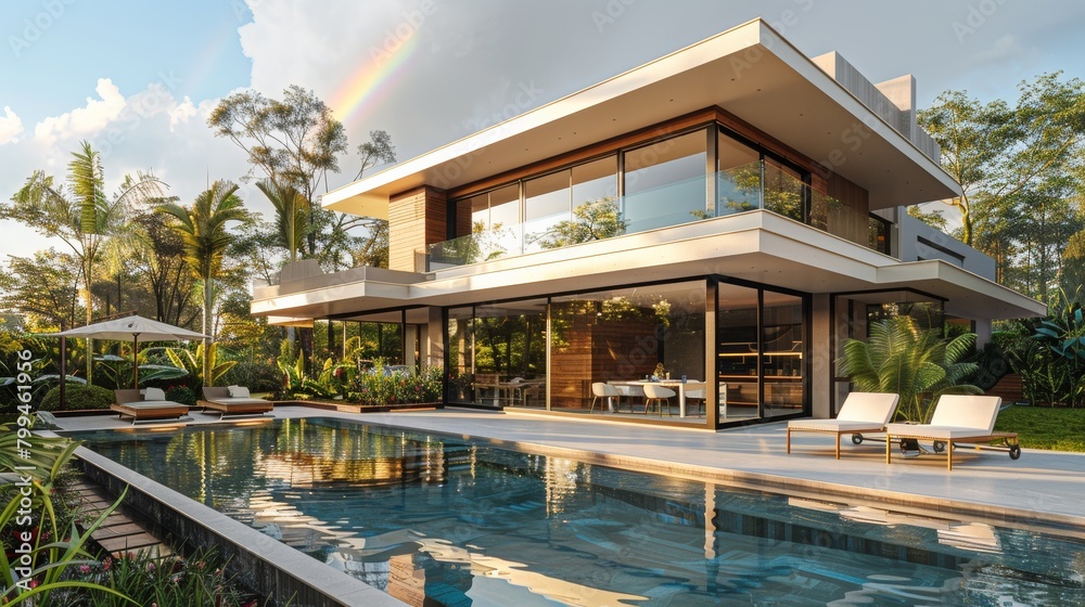 Modern House With Pool and Rainbow in Background
