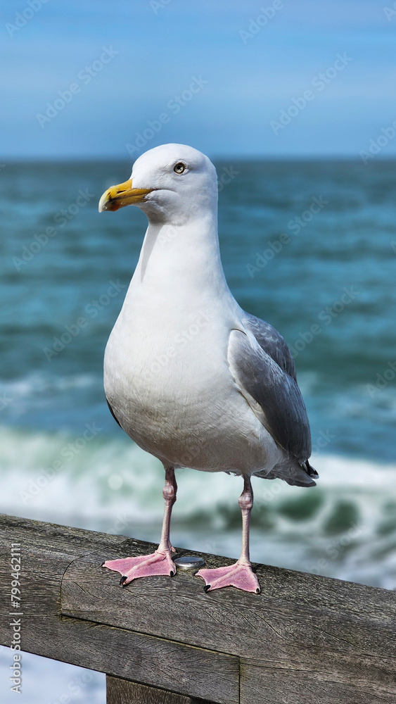 Obraz premium Big seagull against the backdrop of the sea or ocean. Bird on the beach, France. A seagull looks at the camera, close-up. Seagull on the shore, against the backdrop of blue water