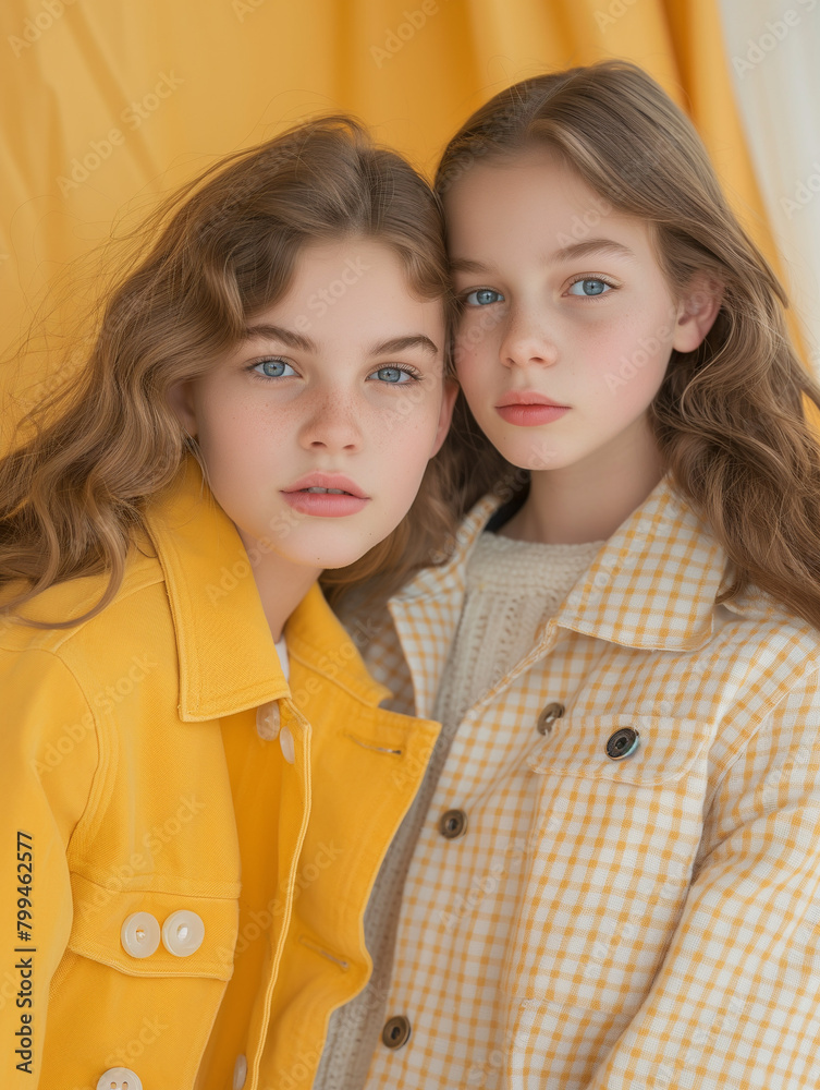 Ordinary fashion kids, magazine photography, white and yellow-mustard color background
