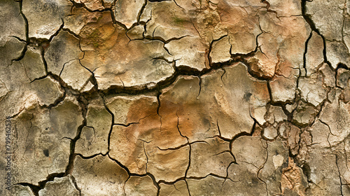 Close-up image of parched soil with deep cracks and varied earth tones, highlighting the impact of drought and the texture of desiccated ground