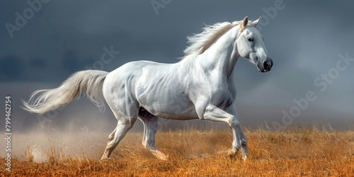 stunning white horse with flowing mane and tail  running gracefully through a vast field of dry golden grass under the bright sun.