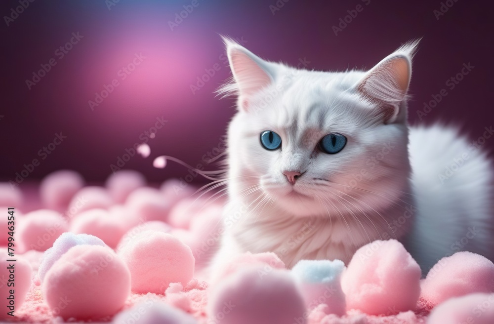 White cat with pink cotton candy. Blue-eyed fluffy cat on purple background. Fun concept with a pet. Sale banner with copy space. White cat with pink cotton candy. Blue-eyed fluffy cat on purple background. Fun concept with a pet. Sale banner with copy space.