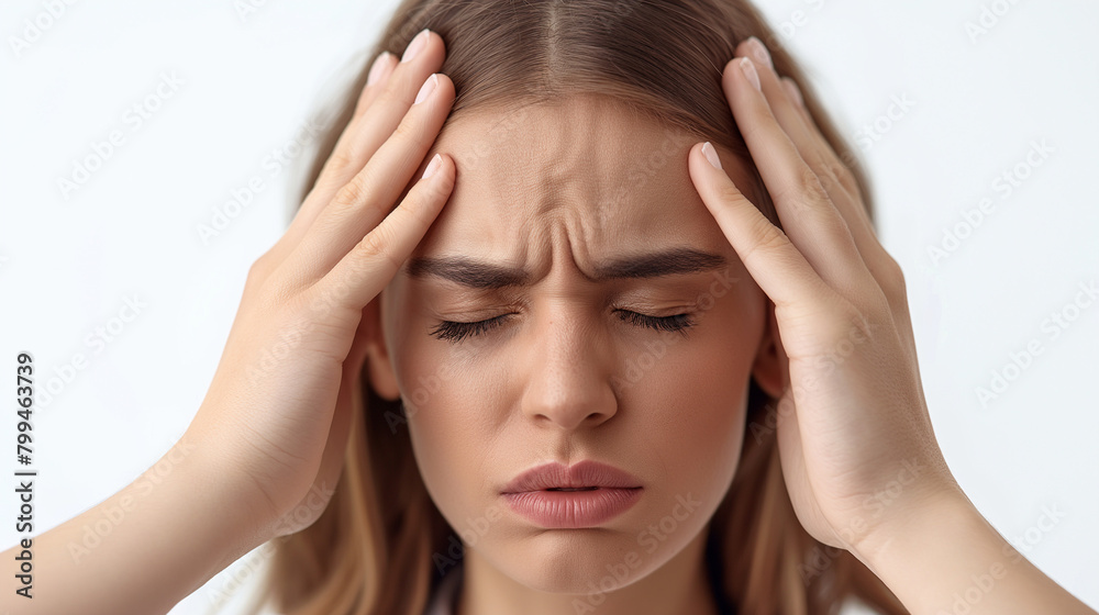 Woman sitting on her bed with a headache. Woman sitting on her bed with a headache.