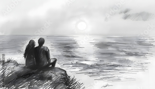 Delicate pencil sketch of a couple watching the sunset from a cliff overlooking the oceanar74v60 Generative AI photo