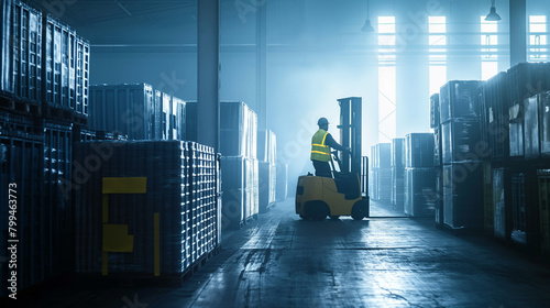 Close-up of a cargo warehouse worker using a forklift to move stacks of automotive batteries to the loading dock, the precise handling ensuring the safe and efficient transport of