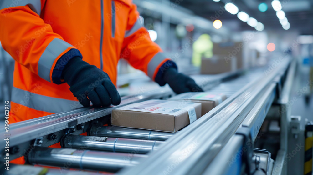 Close-up of a cargo airport worker scanning barcode labels on packages before loading them onto a conveyor belt bound for a cargo plane, the digital tracking system ensuring accura Close-up of a cargo airport worker scanning barcode labels on packages before loading them onto a conveyor belt bound for a cargo plane, the digital tracking system ensuring accura