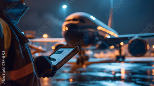 Close-up of a cargo airport worker using a handheld device to update inventory records as cargo is loaded onto a waiting plane, the real-time data management system optimizing effi