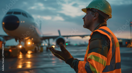 Close-up of a cargo airport worker directing a cargo plane to its designated loading bay using hand signals, the efficient ground handling ensuring timely departures and arrivals i