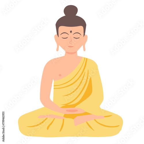 A man in a yellow robe is engaged in spiritual practice. Meditation and Zen in Buddhism. Asian Tibetan faith. © KotBaton