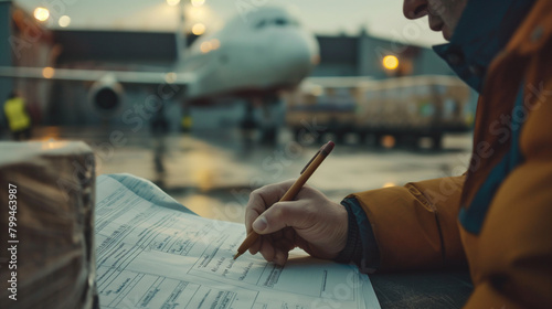 A close-up shot of a cargo airport worker inspecting cargo documents before signing off on the release of goods for loading onto a waiting plane, the thorough verification process photo