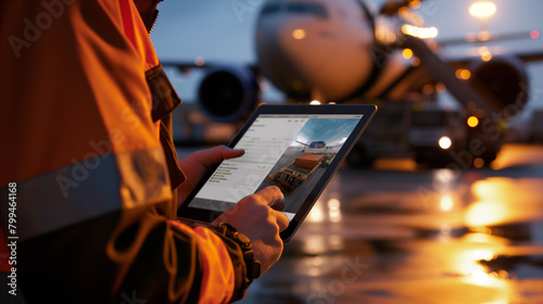 A close-up shot of a cargo airport worker using a tablet to track the movement of goods as they are loaded onto a waiting plane, the real-time monitoring system providing visibilit