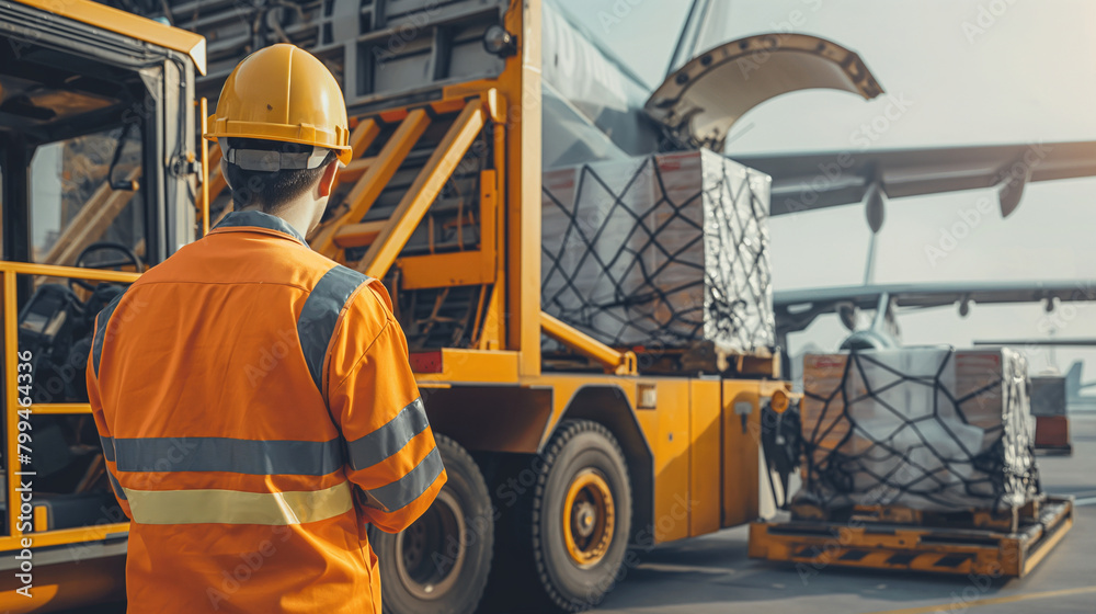 Close-up of a cargo airport worker operating a high-lift loader to transfer cargo containers onto a waiting cargo plane, the hydraulic machinery facilitating the efficient movement Close-up of a cargo airport worker operating a high-lift loader to transfer cargo containers onto a waiting cargo plane, the hydraulic machinery facilitating the efficient movement