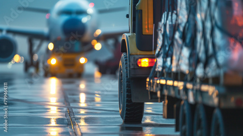 Close-up of a cargo airport worker driving a tug tractor to tow a loaded cargo trailer toward a waiting cargo plane, the synchronized movement of vehicles on the tarmac exemplifyin photo