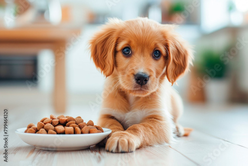 Cute golden retriever puppy next to a bowl of dry food in a white kitchen looking at the camera
