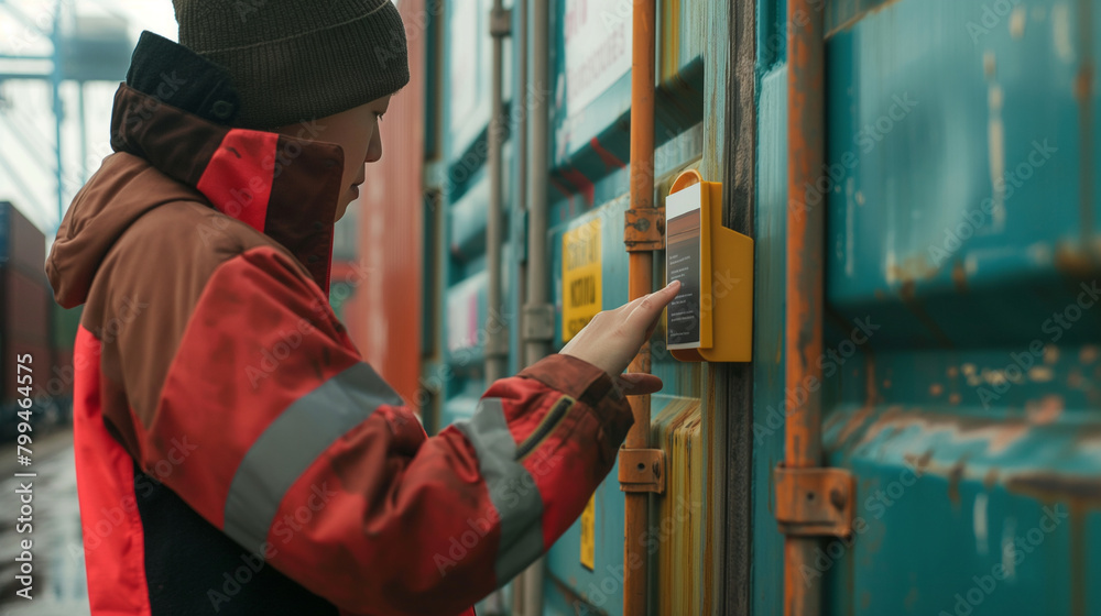 Close-up of a cargo port worker affixing identification tags to cargo containers before loading them onto a ship, the labeling system ensuring accurate tracking and documentation o