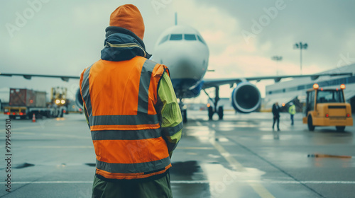 Close-up of a cargo airport worker coordinating with ground crew members to marshal a cargo plane into position for loading, the synchronized movements ensuring safe and efficient photo