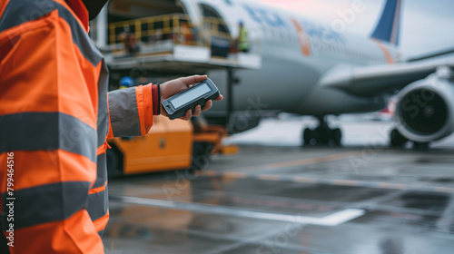 Close-up of a cargo airport worker using a hand-held scanner to verify the contents of cargo containers before loading them onto a waiting plane, the digital verification process e