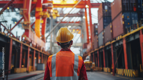 Close-up of a cargo port worker coordinating with crane operators to lift containers onto a waiting cargo ship, the seamless communication ensuring efficient loading operations at