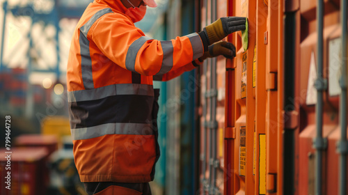 Close-up of a cargo port worker affixing safety warnings and hazard labels to cargo containers before loading them onto a ship, the precautionary measures ensuring compliance with photo