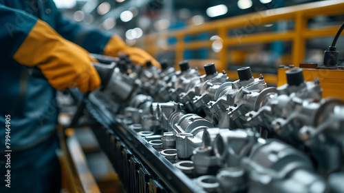 A close-up shot of a cargo warehouse worker inspecting a shipment of car engines before loading them onto a truck for distribution, the thorough checks ensuring quality control in