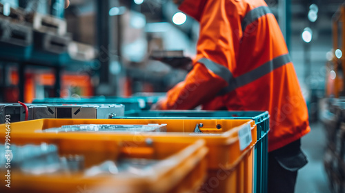 Close-up of a cargo warehouse worker organizing spare parts and accessories into bins for distribution to automotive repair shops, the systematic arrangement facilitating quick and