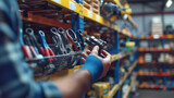 Close-up of a cargo warehouse worker organizing a shipment of automotive tools and equipment onto shelves for storage and distribution, the systematic arrangement optimizing workfl