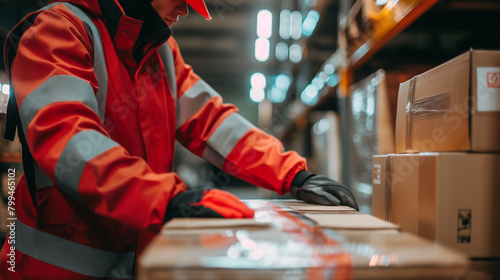 Close-up of a cargo warehouse worker labeling packages of automotive accessories before loading them onto a delivery truck, the clear identification ensuring accurate sorting and d