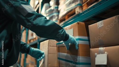Close-up of a cargo warehouse worker labeling packages of automotive accessories before loading them onto a delivery truck, the clear identification ensuring accurate sorting and d