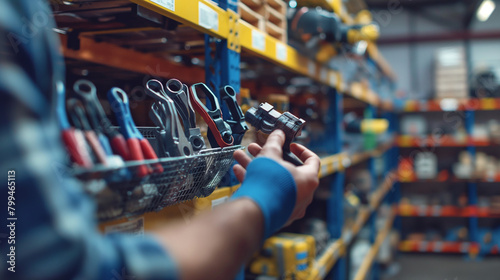 Close-up of a cargo warehouse worker organizing a shipment of automotive tools and equipment onto shelves for storage and distribution, the systematic arrangement optimizing workfl photo