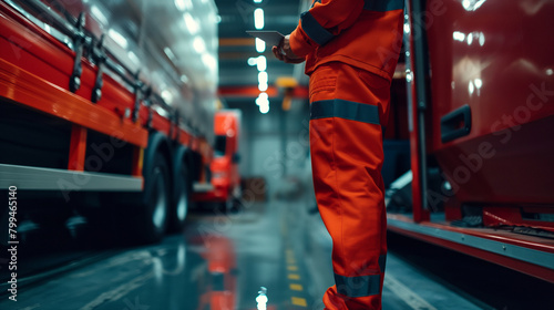 Close-up of a cargo warehouse worker inspecting automotive body panels for damage or defects before loading them onto a delivery trailer, the quality checks ensuring customer satis photo