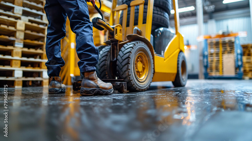 Close-up of a cargo warehouse worker using a pallet jack to move stacks of automotive tires to the loading area, the manual handling demonstrating the physical prowess and skill of
