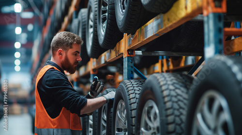 Close-up of a cargo warehouse worker securing a shipment of automotive tires onto racks for delivery to retailers, the careful fastening ensuring the safe transportation of bulky a photo