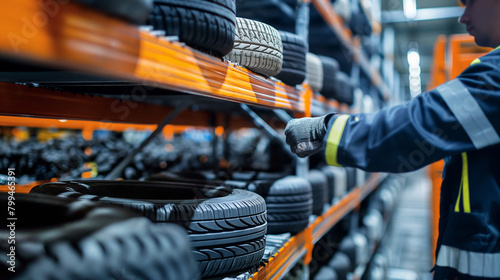 Close-up of a cargo warehouse worker securing a shipment of automotive tires onto racks for delivery to retailers, the careful fastening ensuring the safe transportation of bulky a