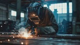 Generate a visual prompt showcasing a worker welding image
