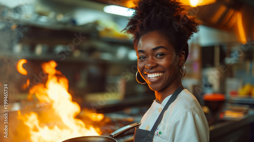 Happy black female chef has fun while preparing food in frying pan at restaurant kitchen.