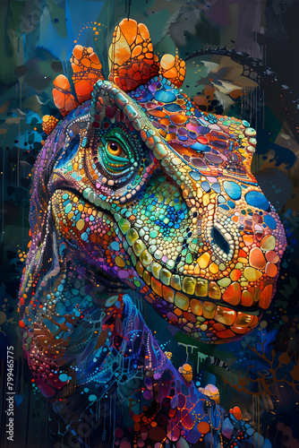 a colorful painting of a dinosaur with flowers on its head