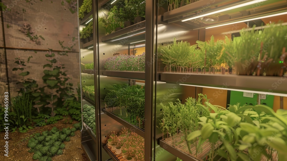 Fototapeta premium Revolutionary AIEnhanced Vertical Farming A Futuristic Oasis of Lush Herbs and Sustainable Innovation