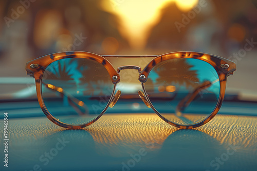 A pair of classic Wayfarer sunglasses perched on a sun-drenched dashboard, embodying the cool style of the 1980s. Concept of nostalgic fashion accessories. Generative Ai. photo