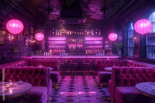 A retro-themed cocktail bar with velvet booths and dim lighting, evoking the sophistication of the 1960s lounge scene. Concept of nostalgic cocktail culture. Generative Ai.