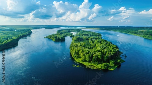 Aerial landscape view on Volga river with islands and green forest. Picturesque panoramic view from the height on the touristic part of the Volga river near Samara city at summer sunny day. photo