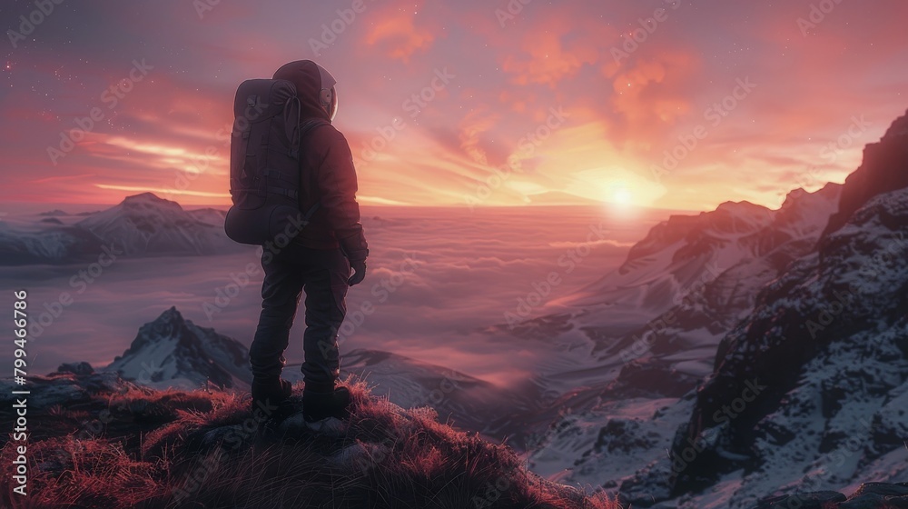 Man Standing on Mountain Top at Sunset Man Standing on Mountain Top at Sunset