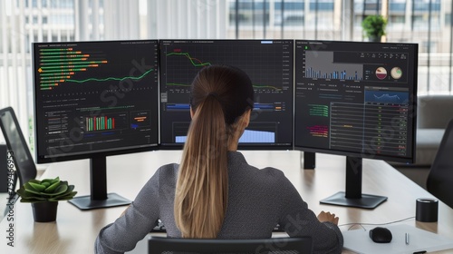Data Analytics Expert Analyzing Complex Graphs on Multimonitor Setup in Modern Office Business Analyst with Back View