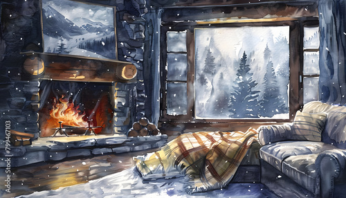 Cozy watercolor scene of a couple sharing a quiet moment by a crackling fireplace in a snowy mountai Generative AI photo